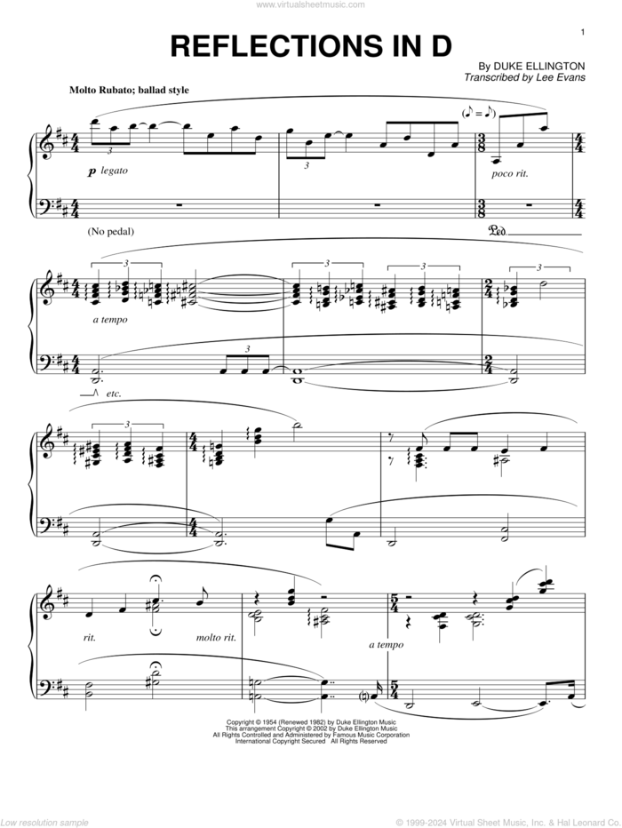 Reflections In D sheet music for piano solo by Duke Ellington, intermediate skill level