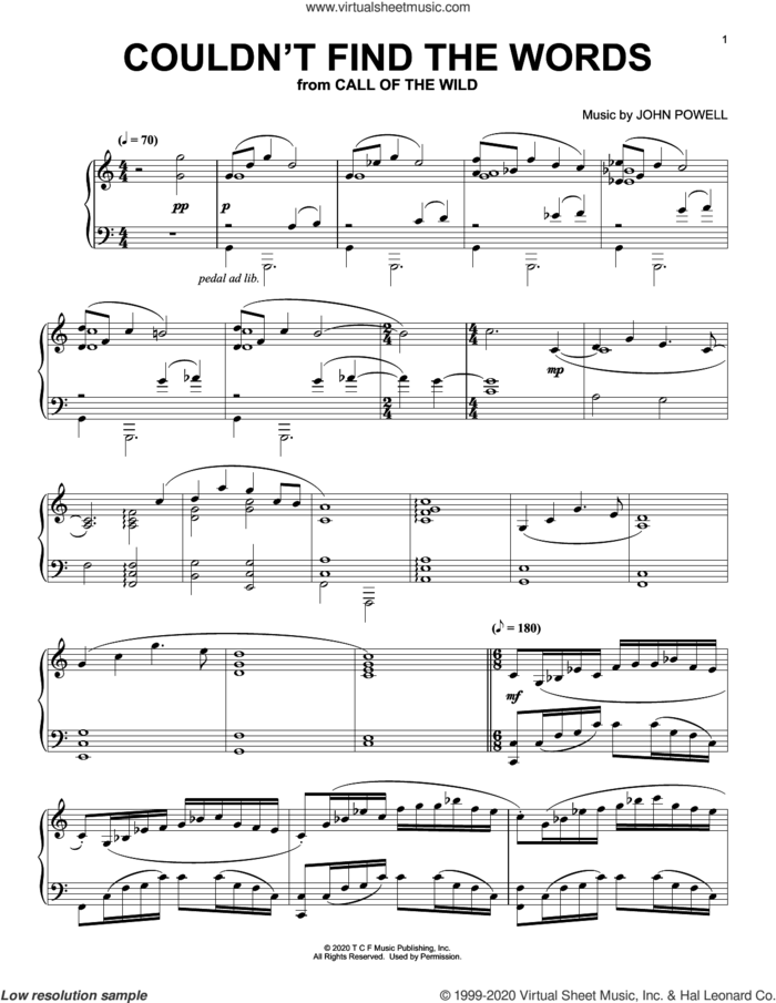 Couldn't Find The Words (from The Call Of The Wild) (arr. Batu Sener) sheet music for piano solo by John Powell and Batu Sener, intermediate skill level