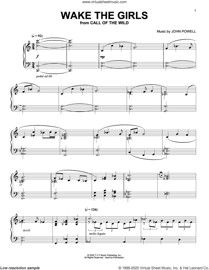 Wake The Girls (from The Call Of The Wild) (arr. Batu Sener) sheet music for piano solo by John Powell and Batu Sener, intermediate skill level
