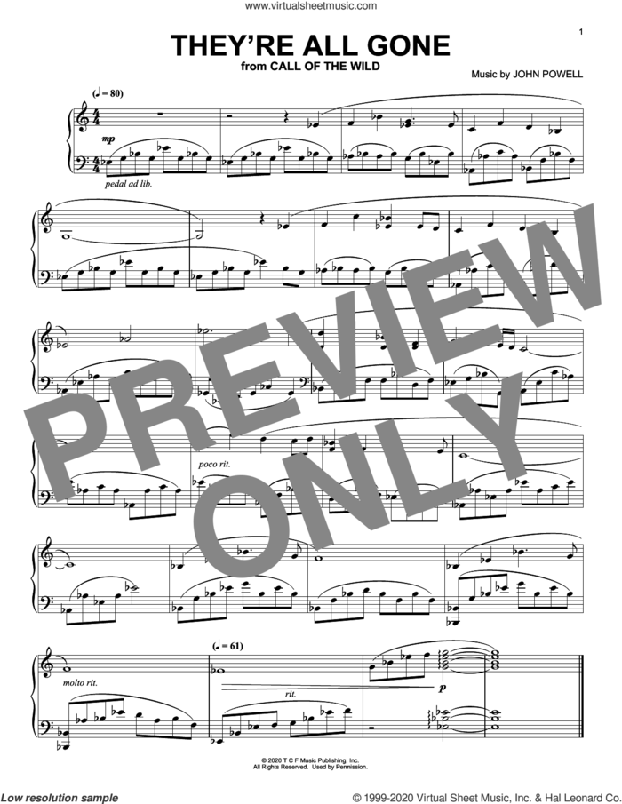 They're All Gone (from The Call Of The Wild) (arr. Batu Sener) sheet music for piano solo by John Powell and Batu Sener, intermediate skill level