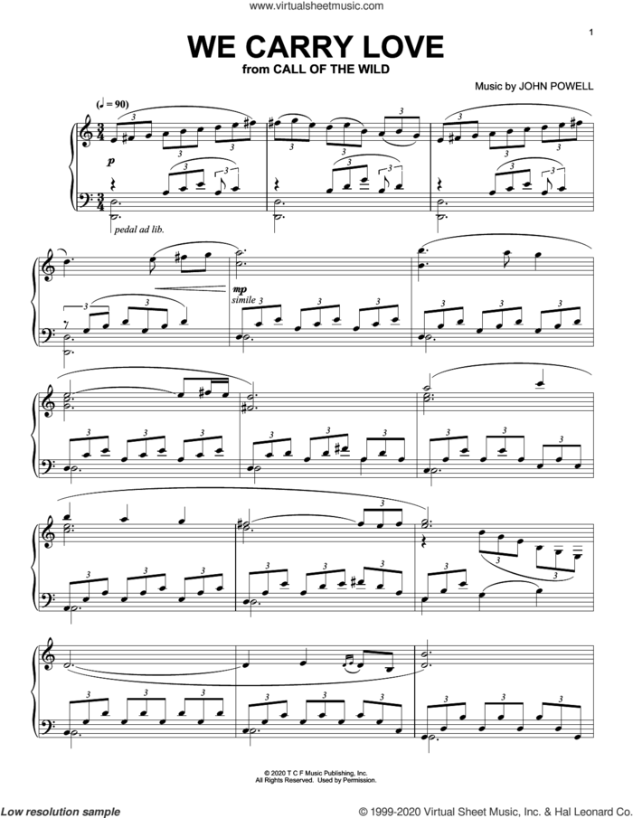 We Carry Love (from The Call Of The Wild) (arr. Batu Sener) sheet music for piano solo by John Powell and Batu Sener, intermediate skill level