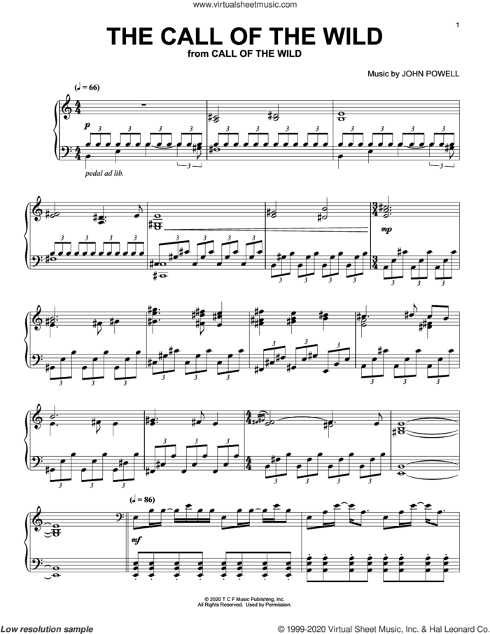 The Call Of The Wild (from The Call Of The Wild) (arr. Batu Sener) sheet music for piano solo by John Powell and Batu Sener, intermediate skill level