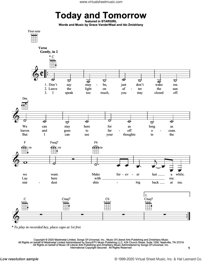 Today And Tomorrow (from Disney's Stargirl) sheet music for ukulele by Grace VanderWaal and Ido Zmishlany, intermediate skill level