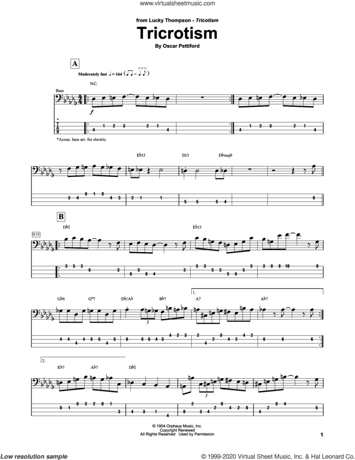 Tricrotism sheet music for bass (tablature) (bass guitar) by Lucky Thomspon and Oscar Pettiford, intermediate skill level