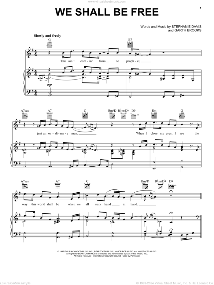 We Shall Be Free sheet music for voice, piano or guitar by Garth Brooks and Stephanie Davis, intermediate skill level