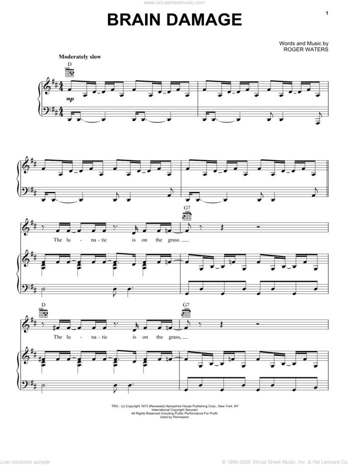 Brain Damage sheet music for voice, piano or guitar by Pink Floyd and Roger Waters, intermediate skill level