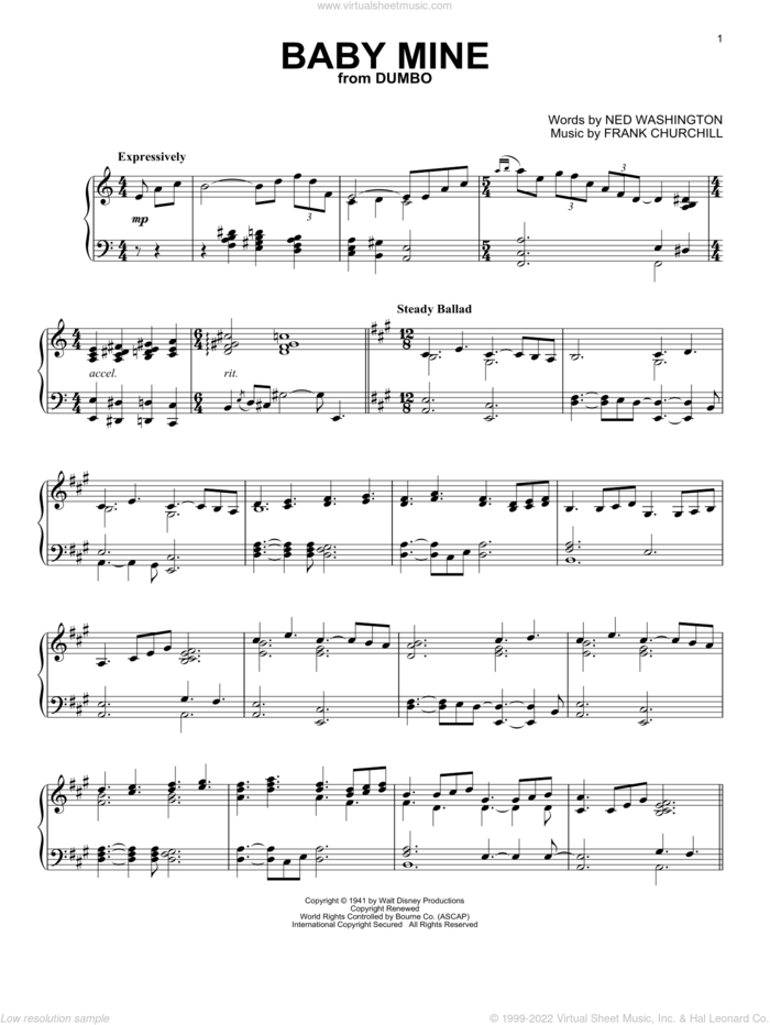 Baby Mine (from Dumbo) (arr. Jerry Cleveland) sheet music for piano solo by Ned Washington, Jerry Cleveland, Frank Churchill, Frank Churchill & Ned Washington and Ned Washington and Frank Churchill, intermediate skill level