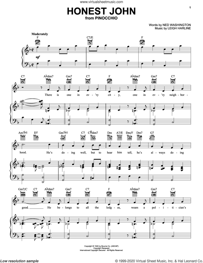 Honest John (from Walt Disney's Pinocchio) sheet music for voice, piano or guitar by Ned Washington, Leigh Harline and Ned Washington and Leigh Harline, intermediate skill level