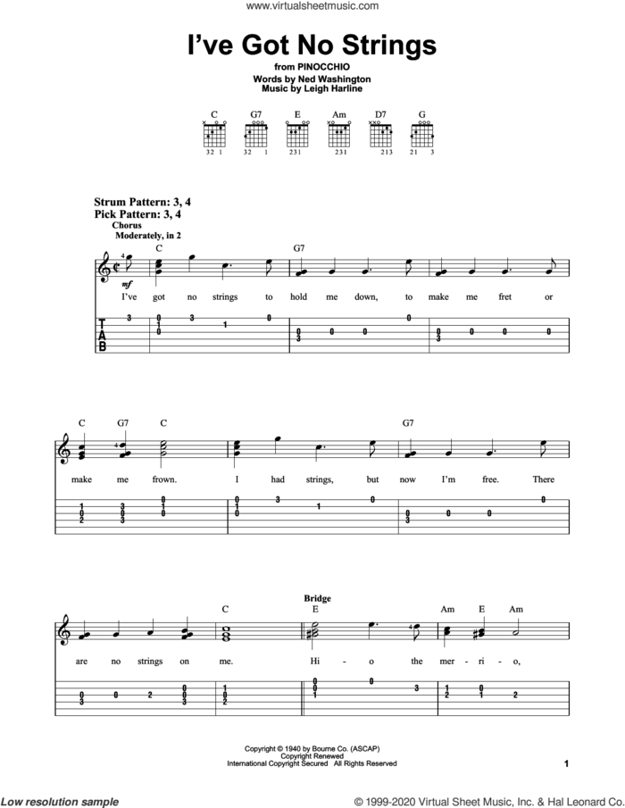 I've Got No Strings (from Pinocchio) sheet music for guitar solo (easy tablature) by Ned Washington, Leigh Harline and Ned Washington and Leigh Harline, easy guitar (easy tablature)