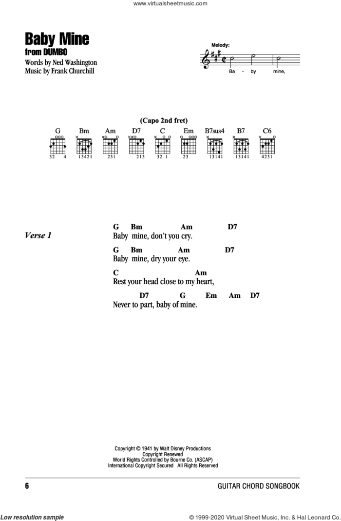 Baby Mine (from Dumbo) sheet music for guitar (chords) by Ned Washington, Frank Churchill and Ned Washington and Frank Churchill, intermediate skill level