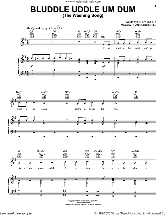 Bluddle Uddle Um Dum (The Washing Song) (from Walt Disney's Snow White and the Seven Dwarfs) sheet music for voice, piano or guitar by Frank Churchill, Larry Morey and Larry Morey and Frank Churchill, intermediate skill level