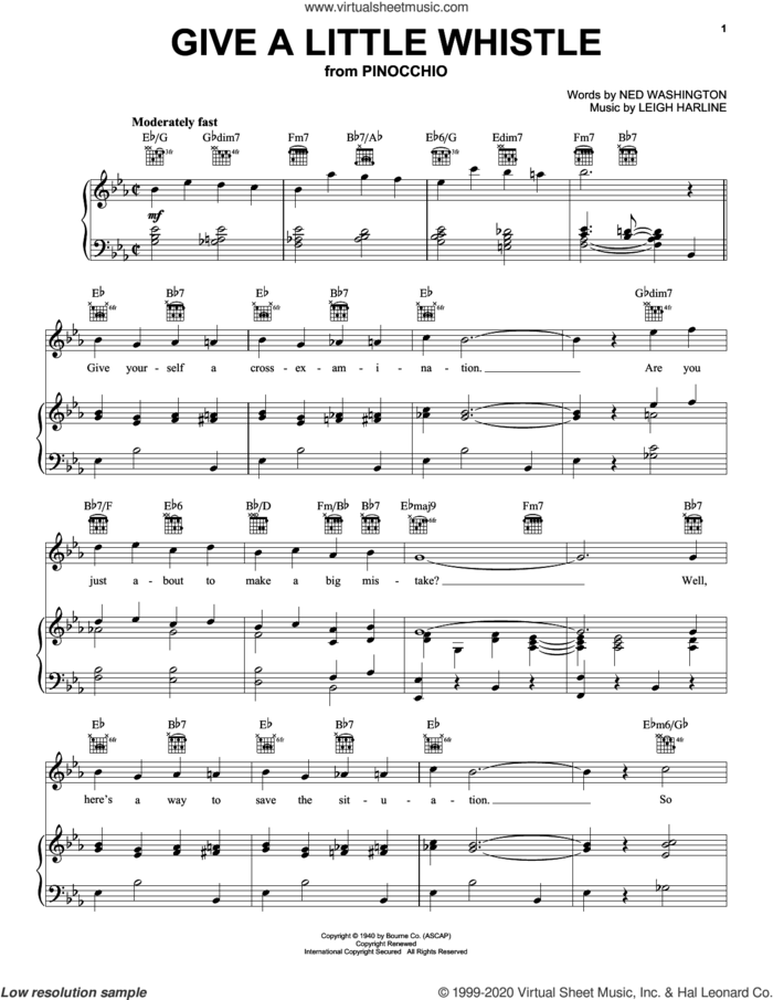Give A Little Whistle (from Pinocchio) sheet music for voice, piano or guitar by Ned Washington, Leigh Harline and Ned Washington and Leigh Harline, intermediate skill level