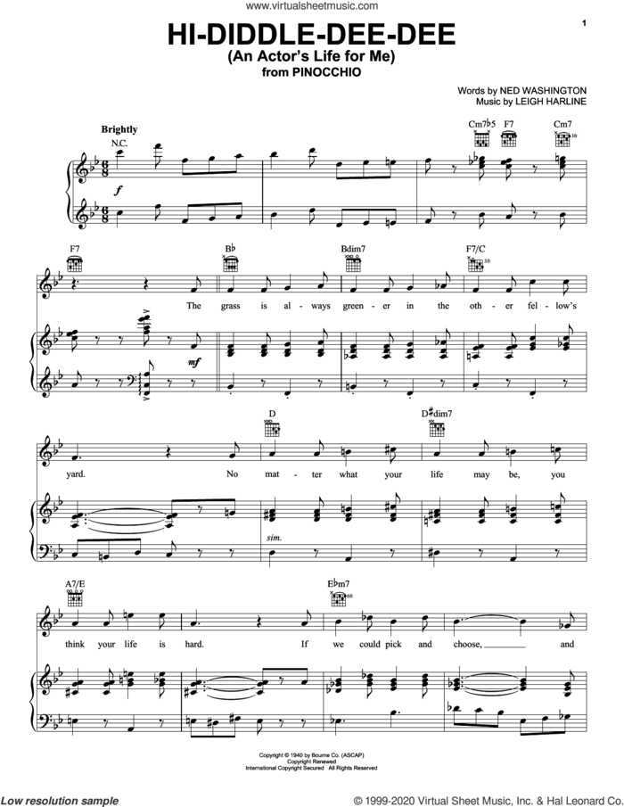 Hi-Diddle-Dee-Dee (An Actor's Life For Me) (from Pinocchio) sheet music for voice, piano or guitar by Ned Washington, Leigh Harline and Ned Washington and Leigh Harline, intermediate skill level