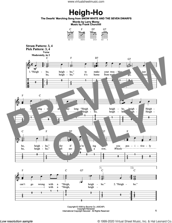 Heigh-Ho (from Snow White And The Seven Dwarfs) sheet music for guitar solo (easy tablature) by Frank Churchill, Larry Morey, Larry Morey & Frank Churchill and Larry Morey and Frank Churchill, easy guitar (easy tablature)