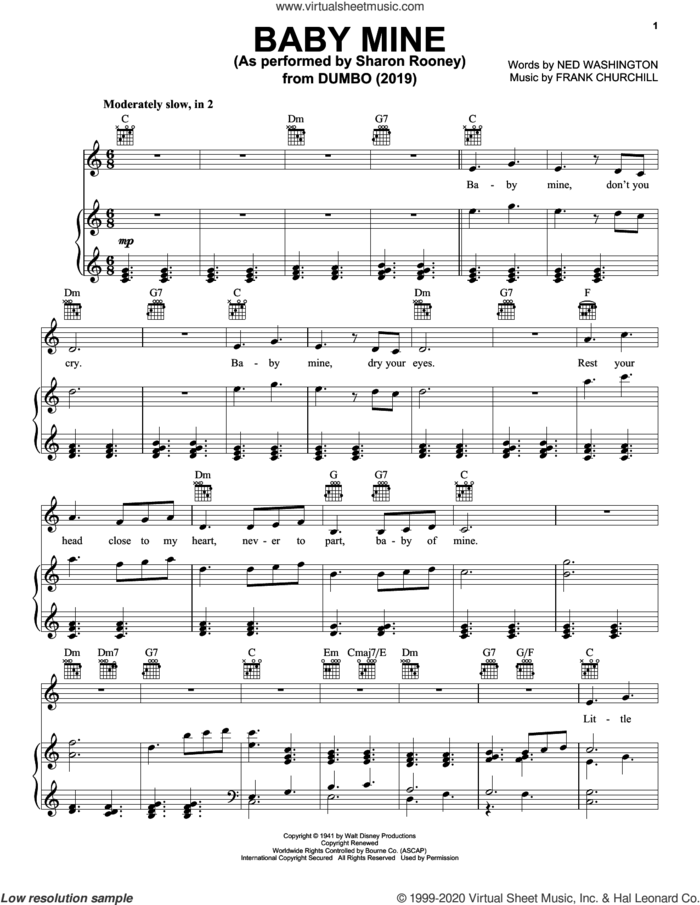 Baby Mine (from the Motion Picture Dumbo) (2019) sheet music for voice, piano or guitar by Sharon Rooney, Danny Elfman, Frank Churchill and Ned Washington, intermediate skill level