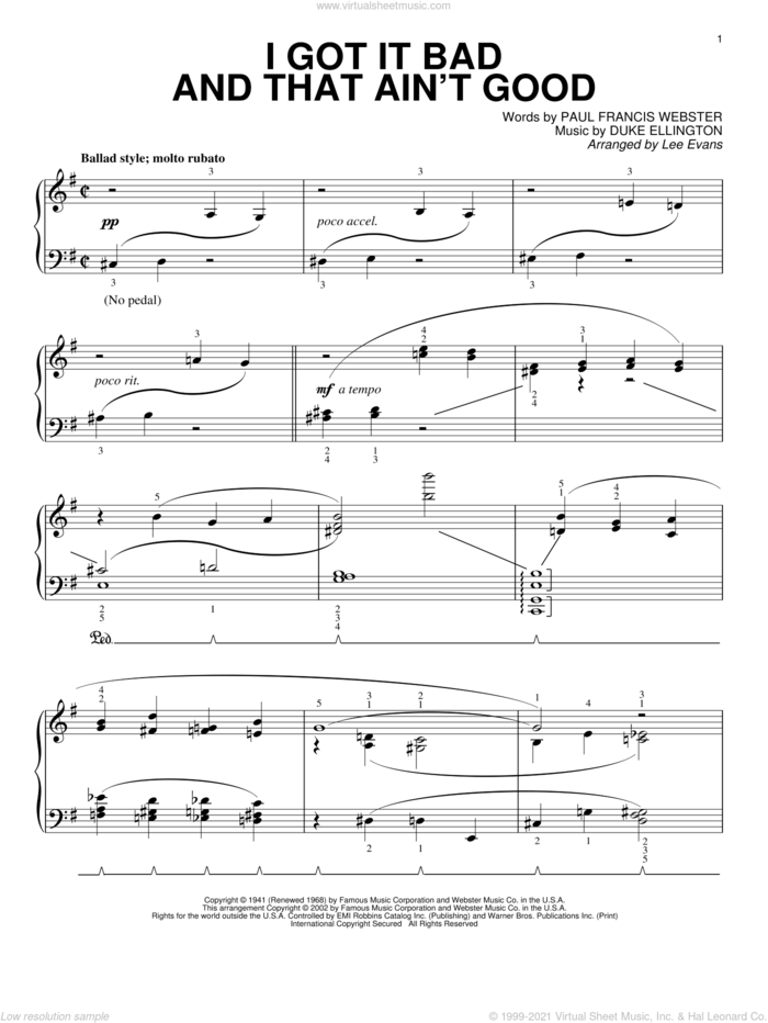 I Got It Bad And That Ain't Good sheet music for piano solo by Paul Francis Webster and Duke Ellington, intermediate skill level