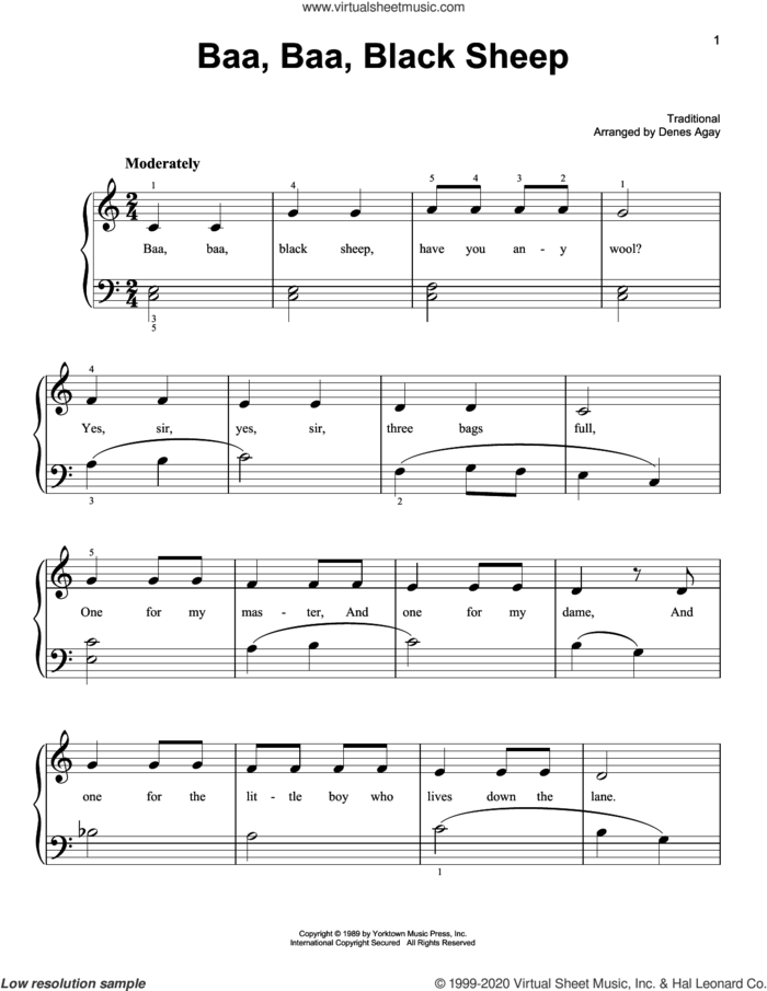 Baa Baa Black Sheep (arr. Denes Agay) sheet music for piano solo  and Denes Agay, easy skill level