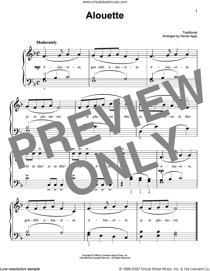 Alouette (arr. Denes Agay) sheet music for piano solo  and Denes Agay, easy skill level