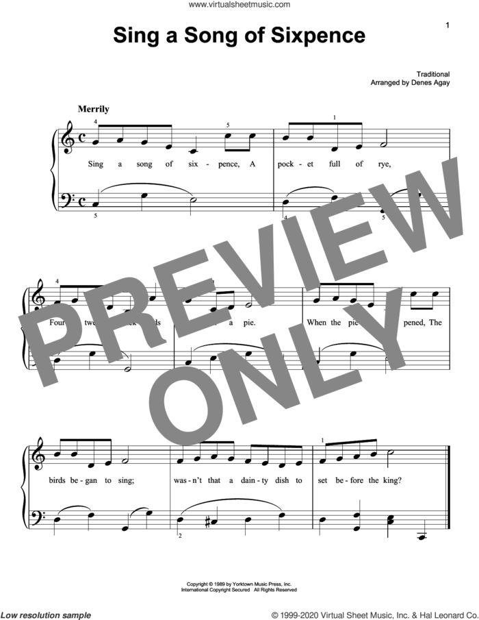 Sing A Song Of Sixpence (arr. Denes Agay) sheet music for piano solo  and Denes Agay, easy skill level