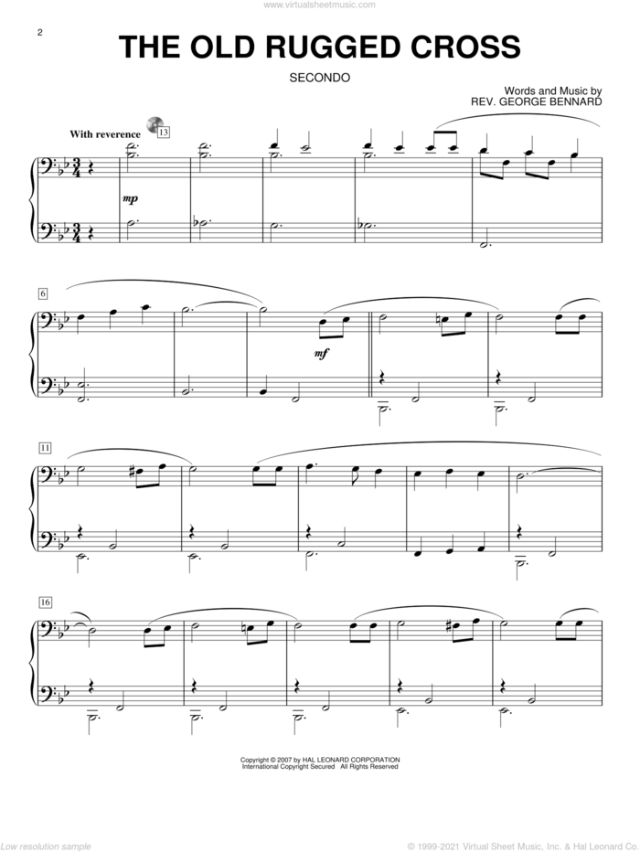 The Old Rugged Cross (arr. Larry Moore) sheet music for piano four hands by Rev. George Bennard, intermediate skill level