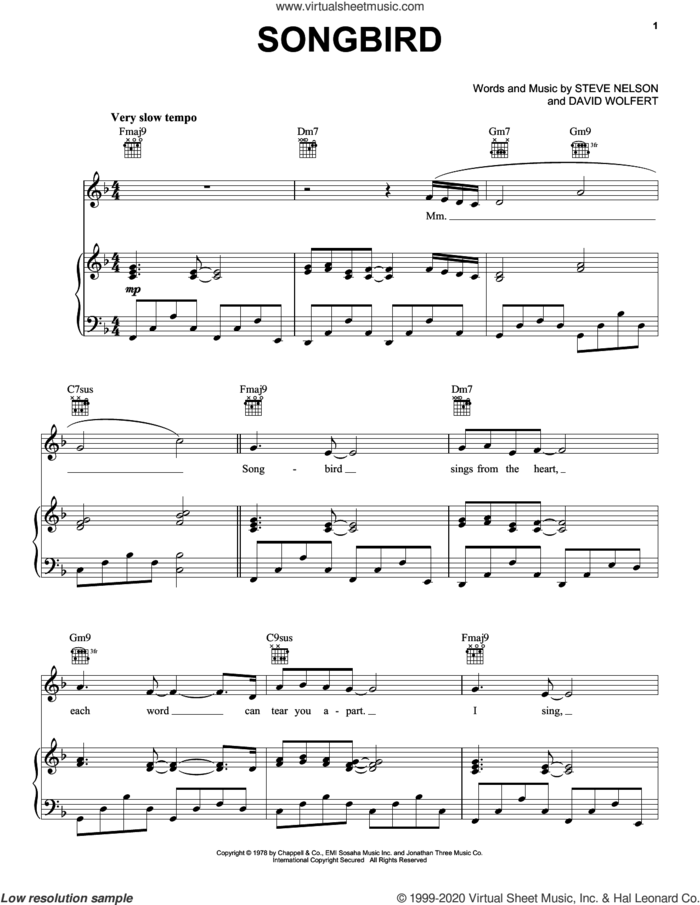 Songbird sheet music for voice, piano or guitar by Barbra Streisand, David Wolfert and Steve Nelson, intermediate skill level