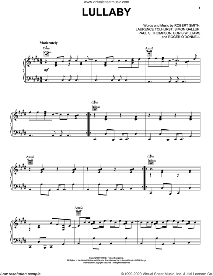 Lullaby sheet music for voice, piano or guitar by The Cure, Boris Williams, Laurence Tolhurst, Paul S. Thompson, Robert Smith and Simon Gallup, intermediate skill level