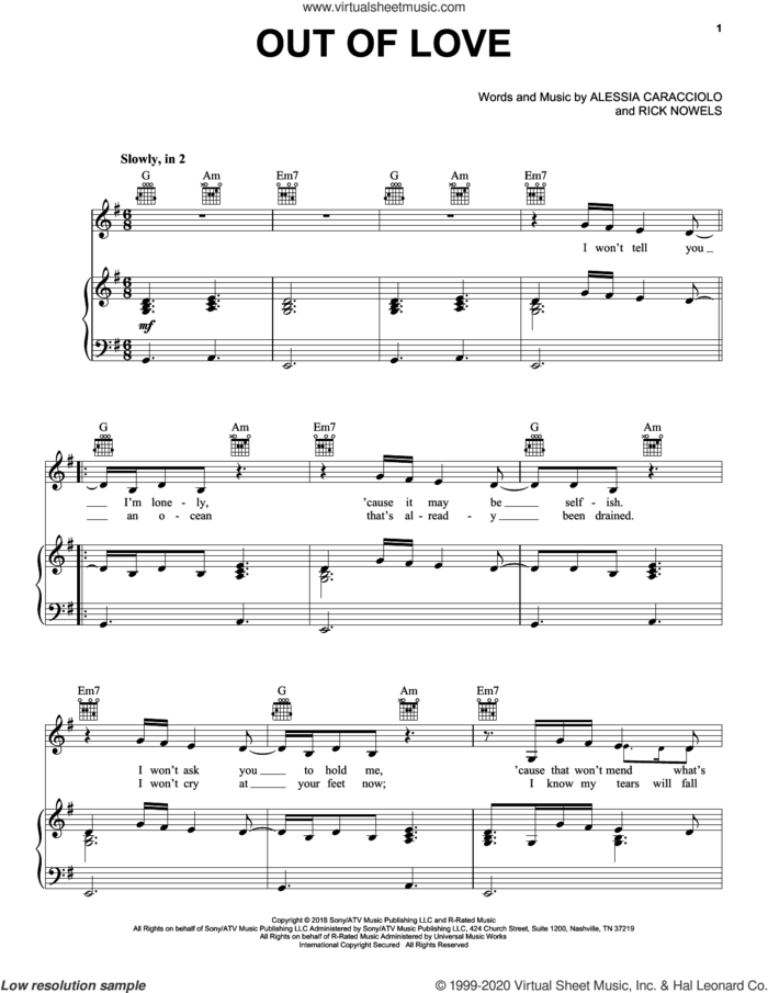Out Of Love sheet music for voice, piano or guitar by Alessia Cara, Alessia Caracciolo and Rick Nowels, intermediate skill level