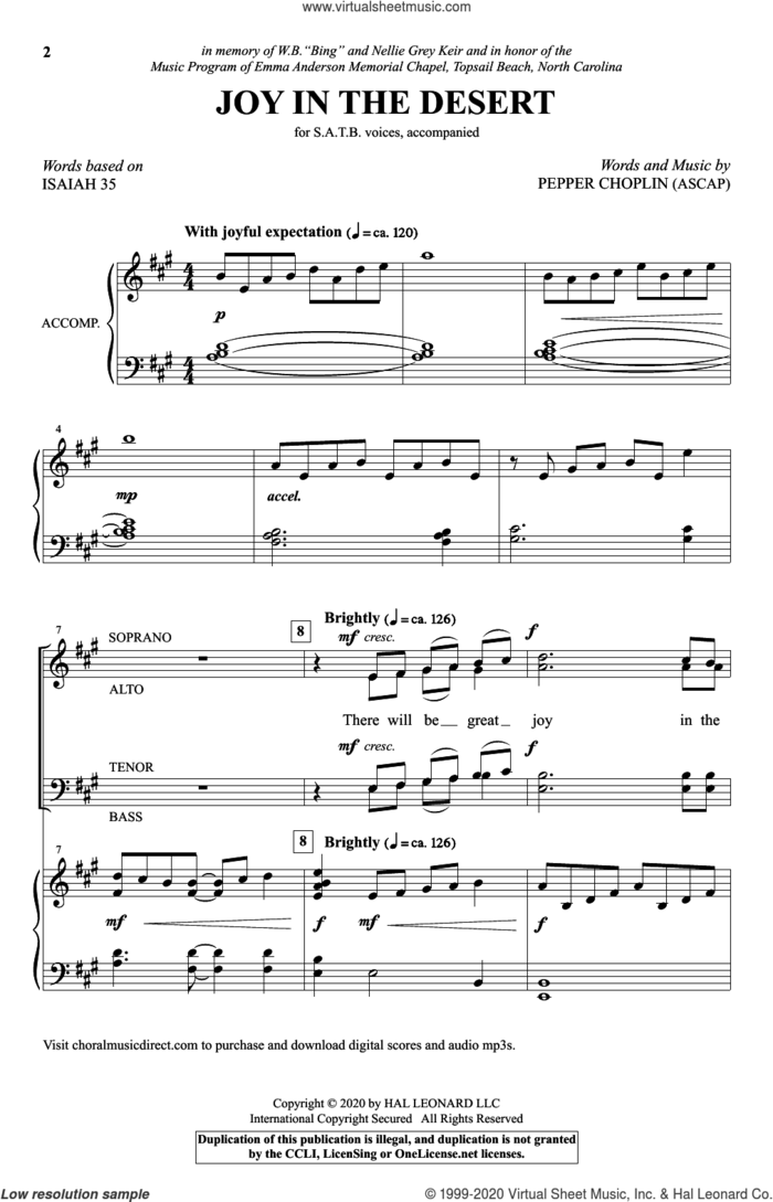 Joy In The Desert sheet music for choir (SATB: soprano, alto, tenor, bass) by Pepper Choplin, intermediate skill level