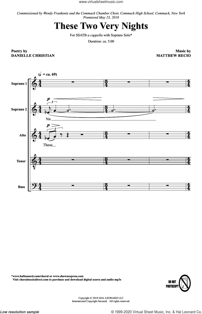 These Two Very Nights sheet music for choir (SATB: soprano, alto, tenor, bass) by Danielle Christian and Matthew Recio, Danielle Christian and Matthew Recio, intermediate skill level