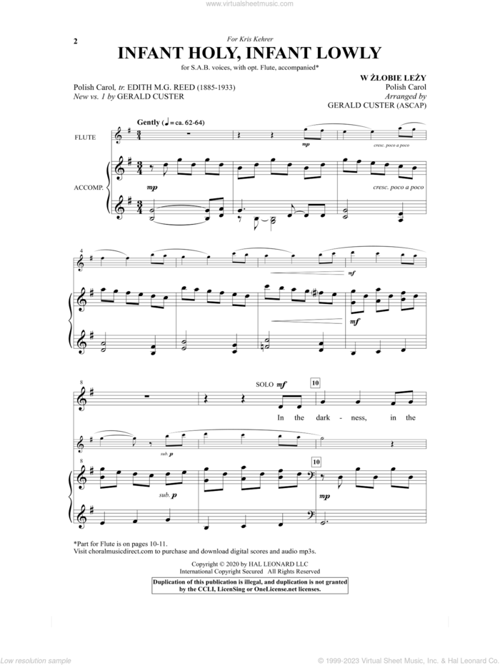 Infant Holy, Infant Lowly (arr. Gerald Custer) sheet music for choir (SAB: soprano, alto, bass)  and Gerald Custer, intermediate skill level