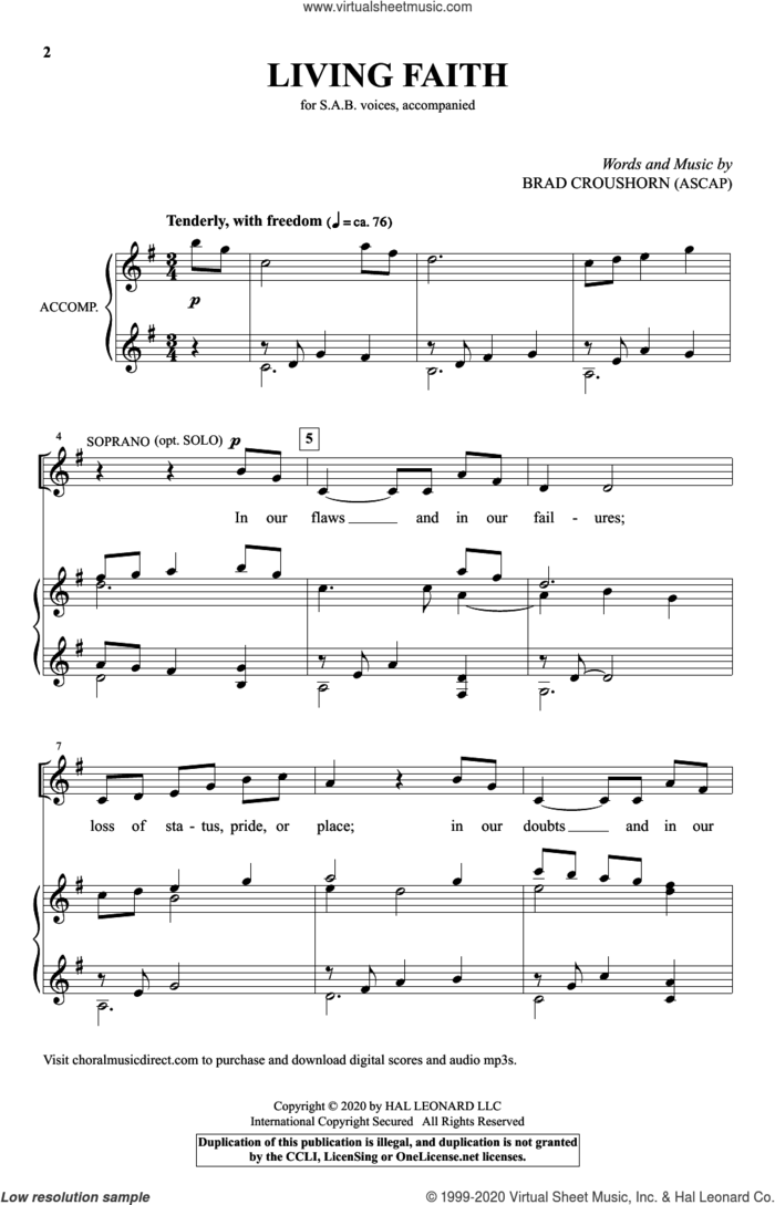 Living Faith sheet music for choir (SAB: soprano, alto, bass) by Brad Croushorn, intermediate skill level