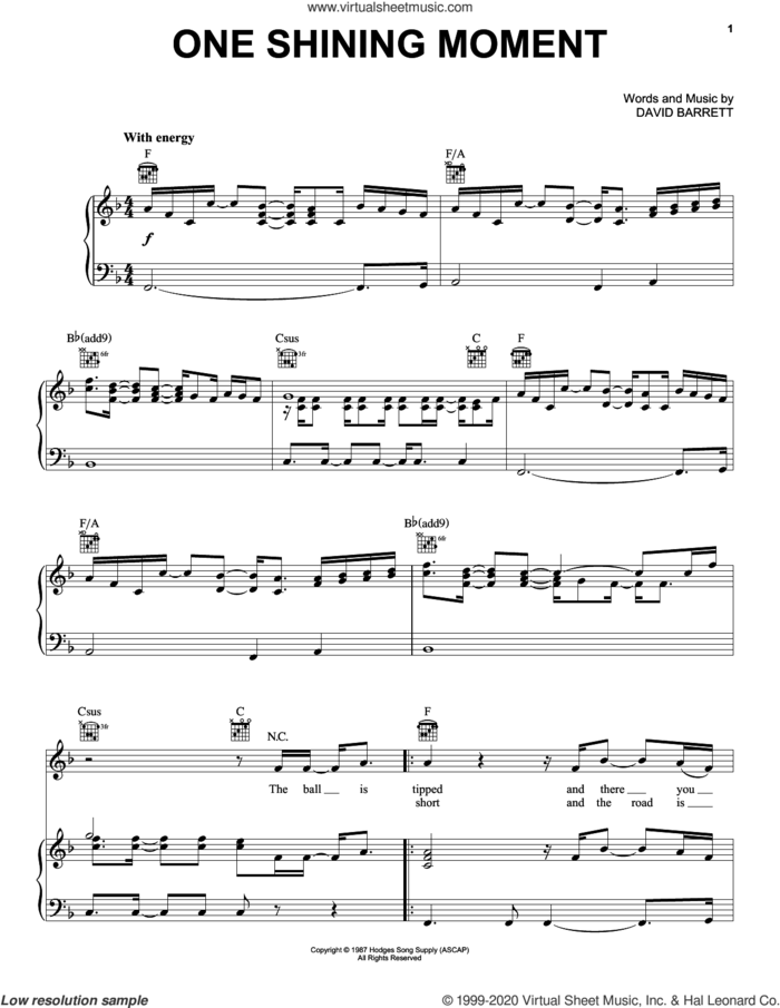 One Shining Moment (Theme from the CBS NCAA Championship Series) sheet music for voice, piano or guitar by David Barrett, intermediate skill level