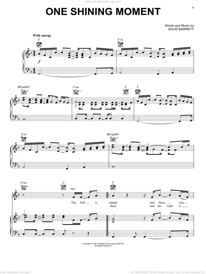 One Shining Moment (Theme from the CBS NCAA Championship Series) sheet music for voice, piano or guitar by David Barrett, intermediate skill level