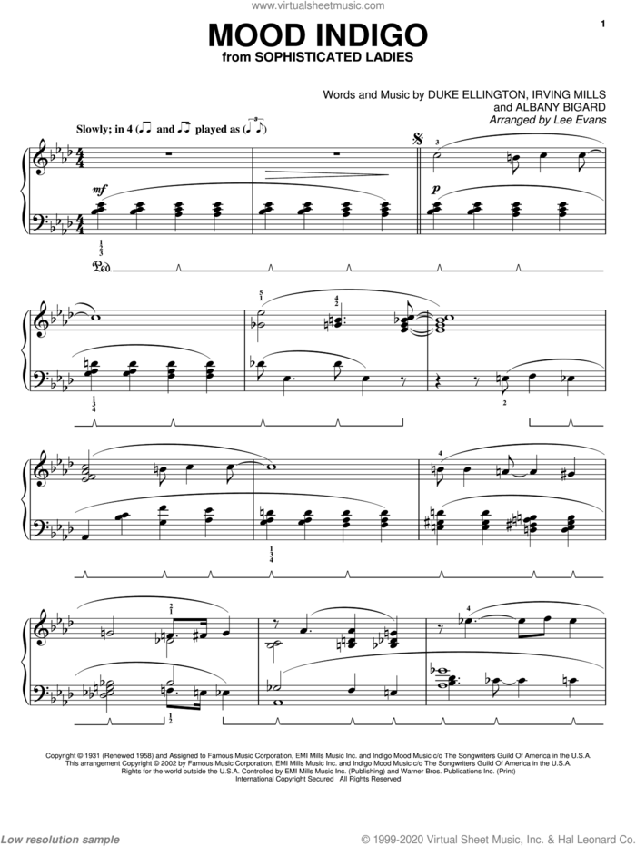 Mood Indigo, (intermediate) sheet music for piano solo by Duke Ellington, Albany Bigard and Irving Mills, intermediate skill level