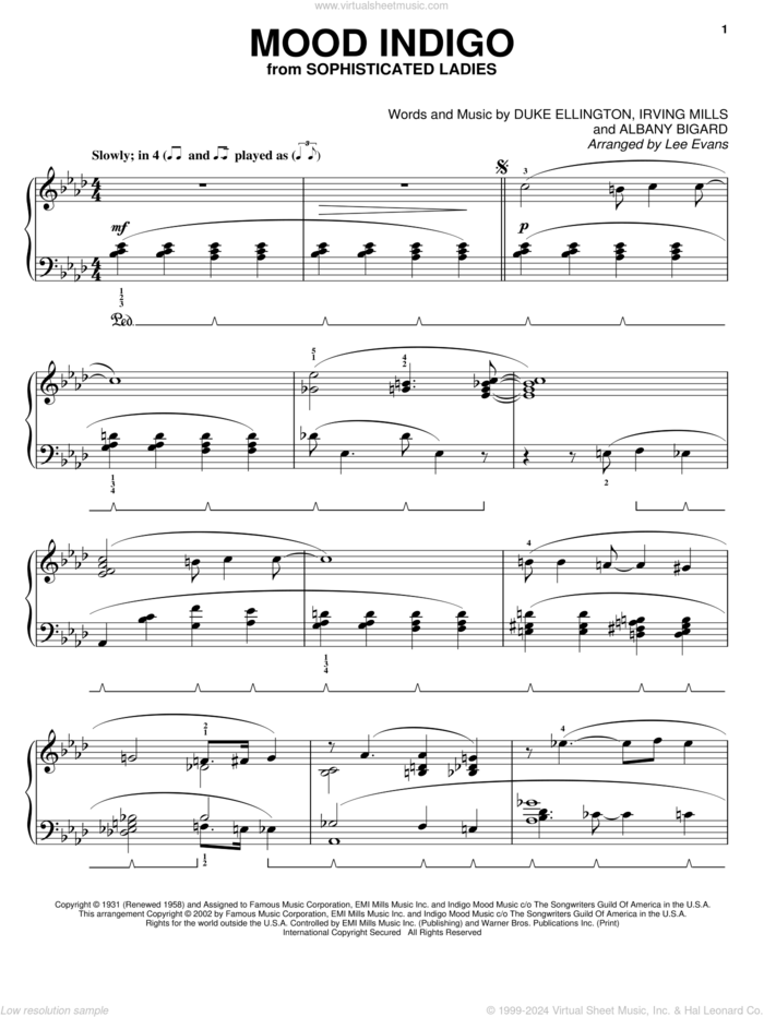 Mood Indigo sheet music for piano solo by Duke Ellington, Albany Bigard and Irving Mills, intermediate skill level