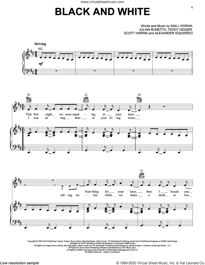 Black And White sheet music for voice, piano or guitar by Niall Horan, Alexander Izquierdo, Julian Bunetta, Scott Harris and Teddy Geiger, intermediate skill level