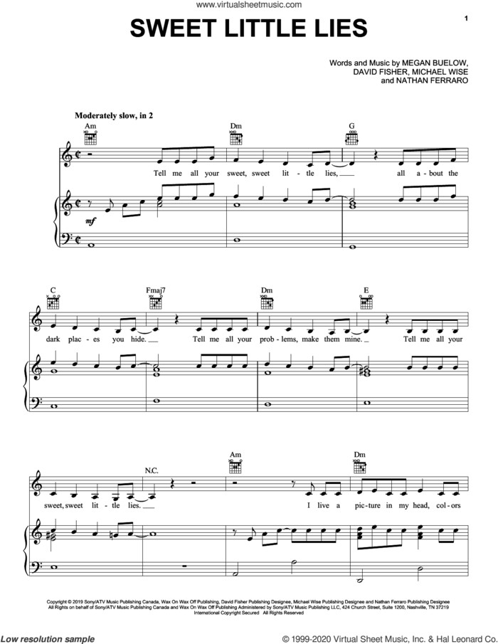 Sweet Little Lies sheet music for voice, piano or guitar by bülow, David Fisher, Megan Buelow, Michael Wise and Nathan Ferraro, intermediate skill level
