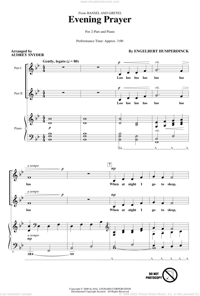 Evening Prayer (from Hansel And Gretel) (arr. Audrey Snyder) sheet music for choir (2-Part) by Engelbert Humperdinck and Audrey Snyder, intermediate duet