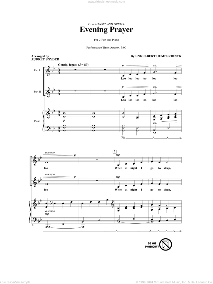 Evening Prayer (from Hansel And Gretel) (arr. Audrey Snyder) sheet music for choir (2-Part) by Engelbert Humperdinck and Audrey Snyder, intermediate duet