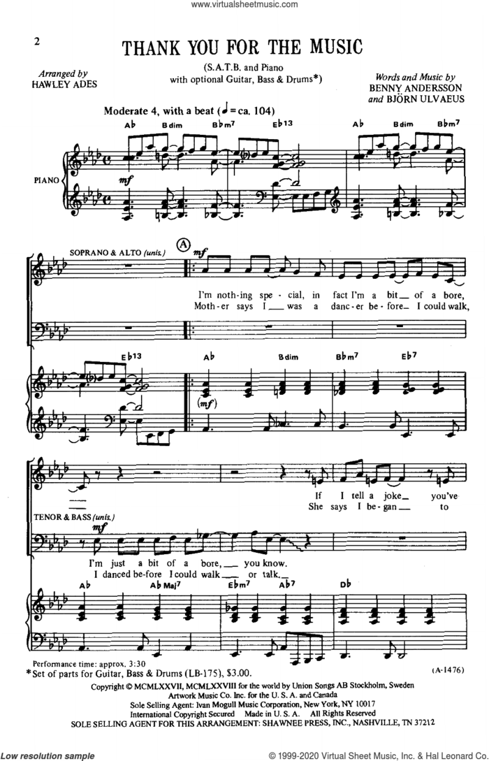 Thank You For The Music (arr. Hawley Ades) sheet music for choir (SATB: soprano, alto, tenor, bass) by ABBA, Hawley Ades, Benny Andersson and Bjorn Ulvaeus, intermediate skill level