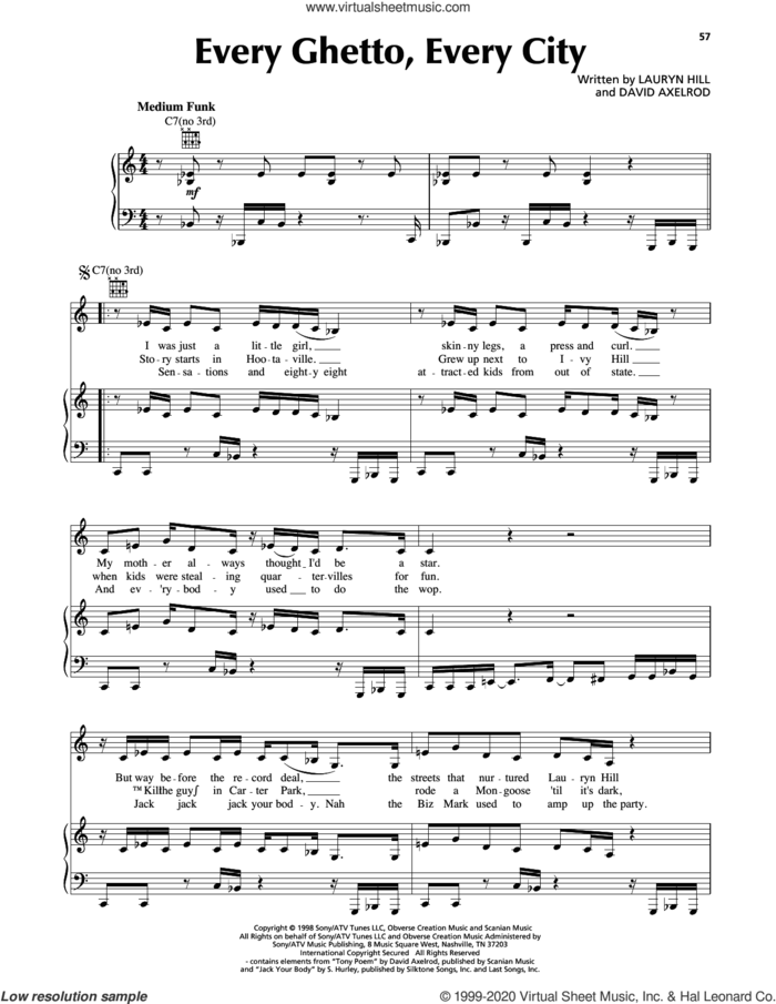 Every Ghetto, Every City sheet music for voice, piano or guitar by Lauryn Hill and David Axelrod, intermediate skill level