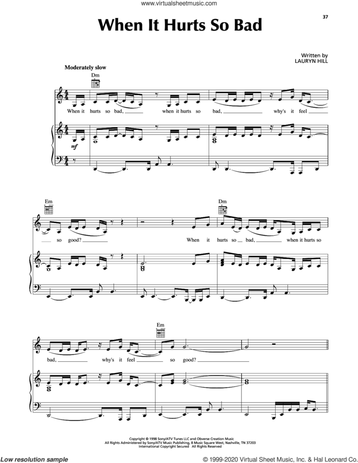 When It Hurts So Bad sheet music for voice, piano or guitar by Lauryn Hill, intermediate skill level