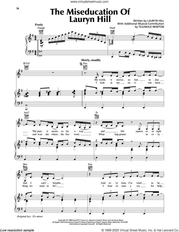 The Miseducation Of Lauryn Hill sheet music for voice, piano or guitar by Lauryn Hill and Tejunold Newton, intermediate skill level