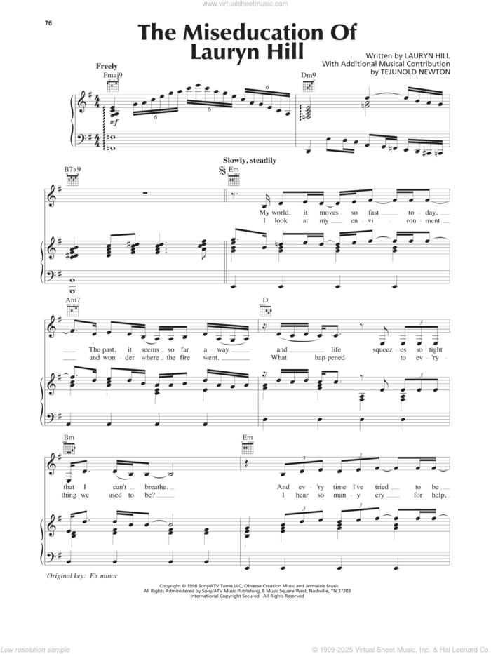 The Miseducation Of Lauryn Hill sheet music for voice, piano or guitar by Lauryn Hill and Tejunold Newton, intermediate skill level