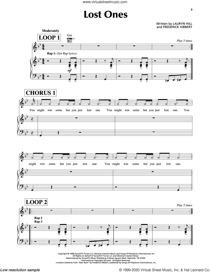Lost Ones sheet music for voice, piano or guitar by Lauryn Hill and Frederick Hibbert, intermediate skill level