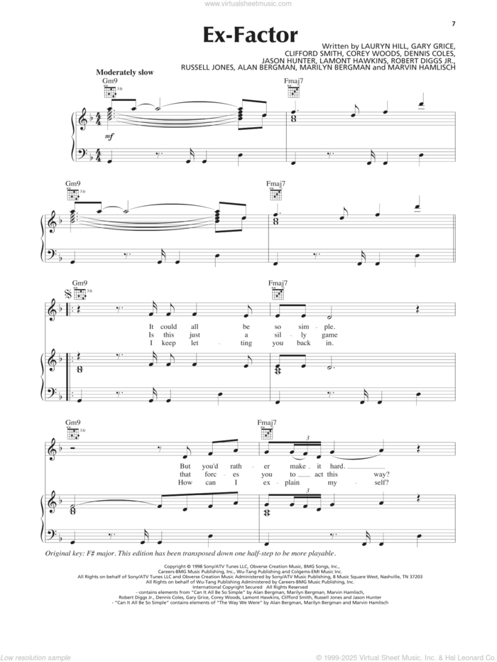 Ex-Factor sheet music for voice, piano or guitar by Lauryn Hill, Alan Bergman, Clifford Smith, Corey Woods, Dennis Coles, Gary Grice, Jason Hunter, Lamont Hawkins, Marilyn Bergman, Marvin Hamlisch, Robert Diggs Jr. and Russell Jones, intermediate skill level