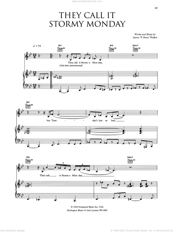(They Call It) Stormy Monday (Stormy Monday Blues) sheet music for voice, piano or guitar by Eva Cassidy and Aaron 'T-Bone' Walker, intermediate skill level