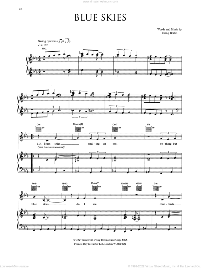 Blue Skies sheet music for voice, piano or guitar by Eva Cassidy and Irving Berlin, intermediate skill level