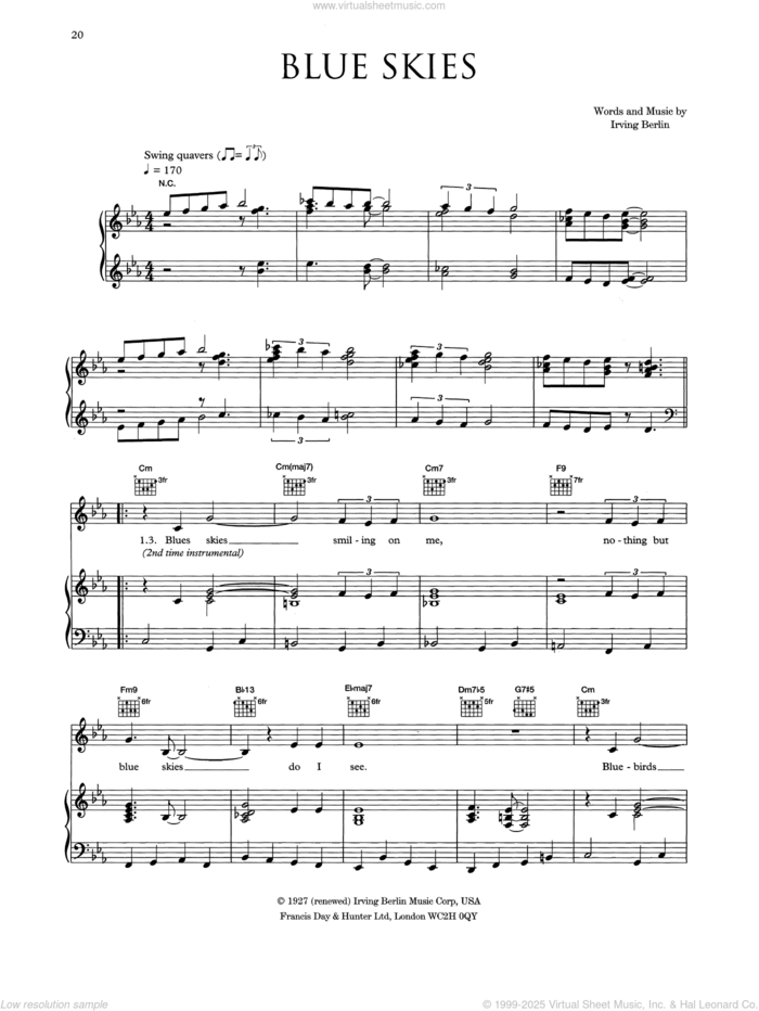 Blue Skies sheet music for voice, piano or guitar by Eva Cassidy and Irving Berlin, intermediate skill level