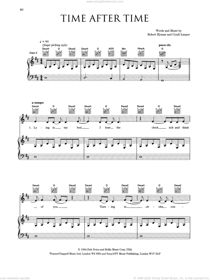 Time After Time sheet music for voice, piano or guitar by Eva Cassidy, Cyndi Lauper and Rob Hyman, intermediate skill level